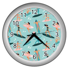 Beach Surfing Surfers With Surfboards Surfer Rides Wave Summer Outdoors Surfboards Seamless Pattern Wall Clock (silver) by Wegoenart