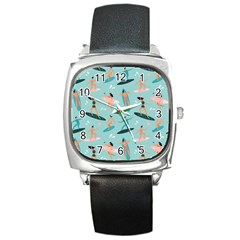 Beach Surfing Surfers With Surfboards Surfer Rides Wave Summer Outdoors Surfboards Seamless Pattern Square Metal Watch by Wegoenart