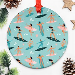 Beach Surfing Surfers With Surfboards Surfer Rides Wave Summer Outdoors Surfboards Seamless Pattern Round Ornament (two Sides) by Wegoenart