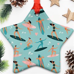 Beach Surfing Surfers With Surfboards Surfer Rides Wave Summer Outdoors Surfboards Seamless Pattern Star Ornament (two Sides) by Wegoenart