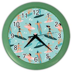 Beach Surfing Surfers With Surfboards Surfer Rides Wave Summer Outdoors Surfboards Seamless Pattern Color Wall Clock by Wegoenart