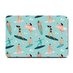 Beach Surfing Surfers With Surfboards Surfer Rides Wave Summer Outdoors Surfboards Seamless Pattern Small Doormat  by Wegoenart