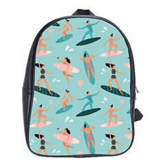 Beach Surfing Surfers With Surfboards Surfer Rides Wave Summer Outdoors Surfboards Seamless Pattern School Bag (large) by Wegoenart