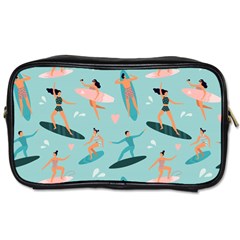 Beach Surfing Surfers With Surfboards Surfer Rides Wave Summer Outdoors Surfboards Seamless Pattern Toiletries Bag (one Side) by Wegoenart