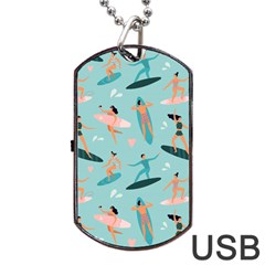 Beach Surfing Surfers With Surfboards Surfer Rides Wave Summer Outdoors Surfboards Seamless Pattern Dog Tag Usb Flash (one Side) by Wegoenart