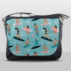 Beach Surfing Surfers With Surfboards Surfer Rides Wave Summer Outdoors Surfboards Seamless Pattern Messenger Bag by Wegoenart