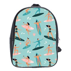 Beach Surfing Surfers With Surfboards Surfer Rides Wave Summer Outdoors Surfboards Seamless Pattern School Bag (xl) by Wegoenart