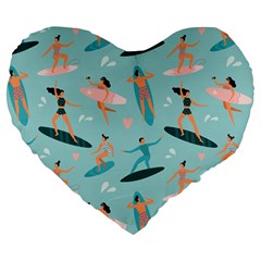 Beach Surfing Surfers With Surfboards Surfer Rides Wave Summer Outdoors Surfboards Seamless Pattern Large 19  Premium Flano Heart Shape Cushions by Wegoenart