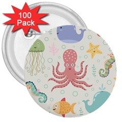 Underwater Seamless Pattern Light Background Funny 3  Buttons (100 Pack)  by Wegoenart