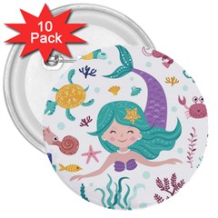 Set Cute Mermaid Seaweeds Marine Inhabitants 3  Buttons (10 Pack)  by Wegoenart