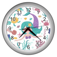 Set Cute Mermaid Seaweeds Marine Inhabitants Wall Clock (silver) by Wegoenart