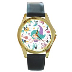 Set Cute Mermaid Seaweeds Marine Inhabitants Round Gold Metal Watch by Wegoenart