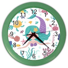 Set Cute Mermaid Seaweeds Marine Inhabitants Color Wall Clock by Wegoenart