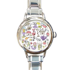 Fantasy Things Doodle Style Vector Illustration Round Italian Charm Watch by Wegoenart