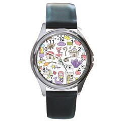 Fantasy Things Doodle Style Vector Illustration Round Metal Watch by Wegoenart