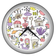 Fantasy Things Doodle Style Vector Illustration Wall Clock (silver) by Wegoenart