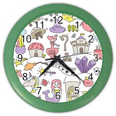 Fantasy Things Doodle Style Vector Illustration Color Wall Clock by Wegoenart