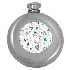 Unicorns Rainbows Seamless Pattern Round Hip Flask (5 Oz) by Wegoenart