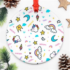 Unicorns Rainbows Seamless Pattern Round Ornament (two Sides) by Wegoenart