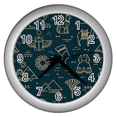 Dark Seamless Pattern Symbols Landmarks Signs Egypt Wall Clock (silver) by Wegoenart