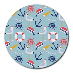 Nautical Marine Symbols Seamless Pattern Round Mousepads by Wegoenart