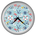 Nautical Marine Symbols Seamless Pattern Wall Clock (Silver) Front