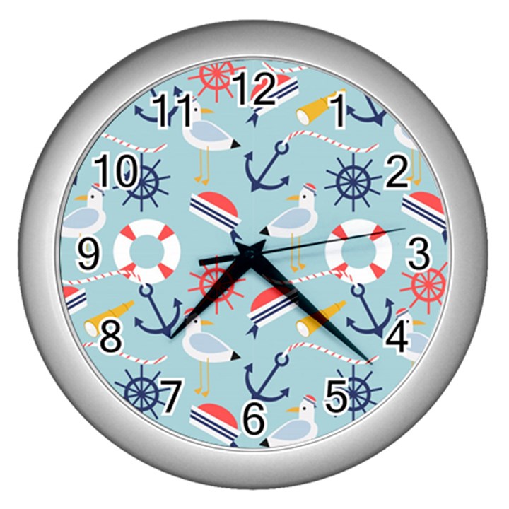 Nautical Marine Symbols Seamless Pattern Wall Clock (Silver)