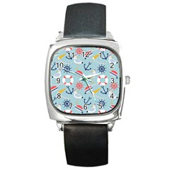 Nautical Marine Symbols Seamless Pattern Square Metal Watch by Wegoenart