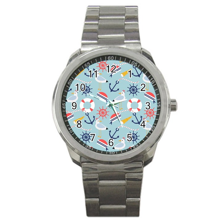 Nautical Marine Symbols Seamless Pattern Sport Metal Watch