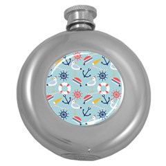 Nautical Marine Symbols Seamless Pattern Round Hip Flask (5 Oz) by Wegoenart