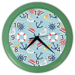 Nautical Marine Symbols Seamless Pattern Color Wall Clock by Wegoenart