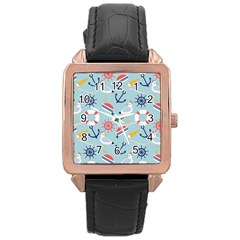 Nautical Marine Symbols Seamless Pattern Rose Gold Leather Watch 