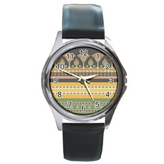 Seamless Pattern Egyptian Ornament With Lotus Flower Round Metal Watch by Wegoenart