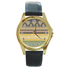 Seamless Pattern Egyptian Ornament With Lotus Flower Round Gold Metal Watch by Wegoenart