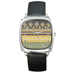 Seamless Pattern Egyptian Ornament With Lotus Flower Square Metal Watch by Wegoenart