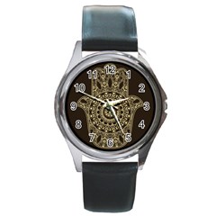 Hamsa Hand Drawn Symbol With Flower Decorative Pattern Round Metal Watch by Wegoenart