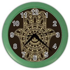 Hamsa Hand Drawn Symbol With Flower Decorative Pattern Color Wall Clock by Wegoenart