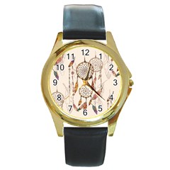 Coloured Dreamcatcher Background Round Gold Metal Watch by Wegoenart