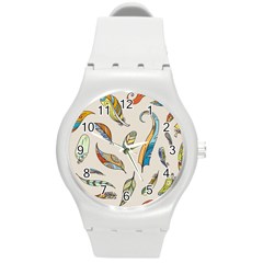 Vector Boho Doodle Feathers Seamless Pattern Illustration Round Plastic Sport Watch (m) by Wegoenart