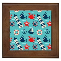 Seamless Pattern Nautical Icons Cartoon Style Framed Tile by Wegoenart