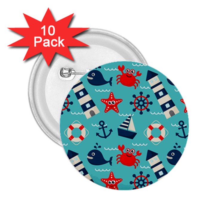 Seamless Pattern Nautical Icons Cartoon Style 2.25  Buttons (10 pack) 