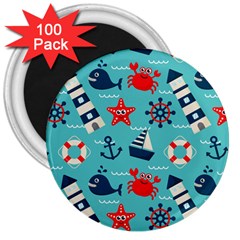 Seamless Pattern Nautical Icons Cartoon Style 3  Magnets (100 Pack) by Wegoenart