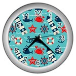 Seamless Pattern Nautical Icons Cartoon Style Wall Clock (Silver) Front