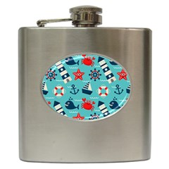 Seamless Pattern Nautical Icons Cartoon Style Hip Flask (6 Oz) by Wegoenart