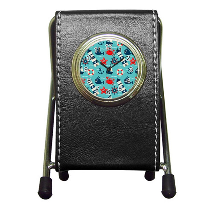 Seamless Pattern Nautical Icons Cartoon Style Pen Holder Desk Clock