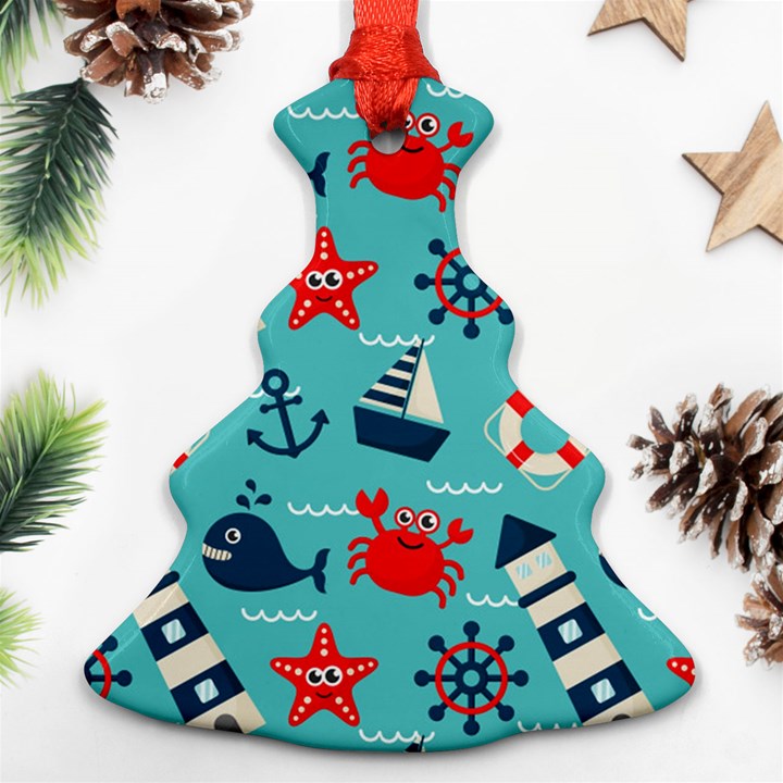 Seamless Pattern Nautical Icons Cartoon Style Christmas Tree Ornament (Two Sides)