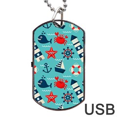 Seamless Pattern Nautical Icons Cartoon Style Dog Tag Usb Flash (two Sides) by Wegoenart