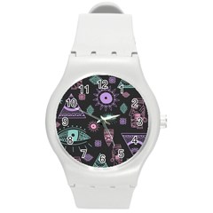 Vintage Seamless Pattern With Tribal Art African Style Drawing Round Plastic Sport Watch (m) by Wegoenart