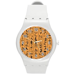 Egyptian Hieroglyphs Ancient Egypt Letters Papyrus Background Vector Old Egyptian Hieroglyph Writing Round Plastic Sport Watch (m) by Wegoenart