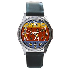 Ancient Egyptian Religion Seamless Pattern Round Metal Watch by Wegoenart